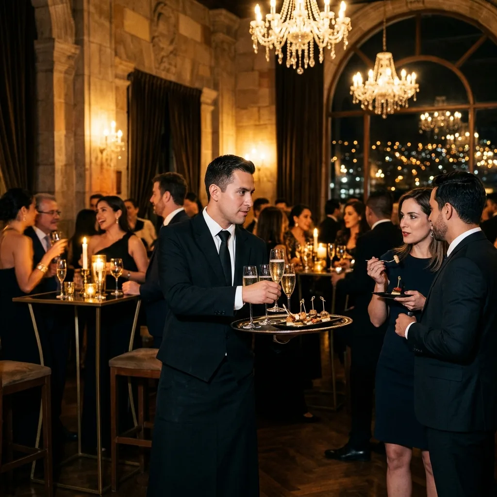 Garzones profesionales atendiendo un banquete en La Paz